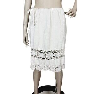 Vintage 90s Y2K DKNY 100% Linen Bohemian Drawstring Crochet Hem Skirt Small